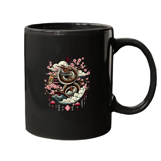 Dragon Pet Red Chinese New Year of the Dragon Cherry Blossom Mugs