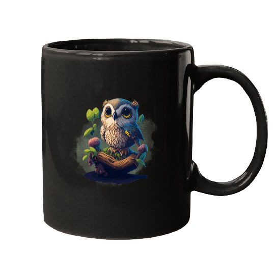 Owl Pet On A Plant With A Bird Mugs
