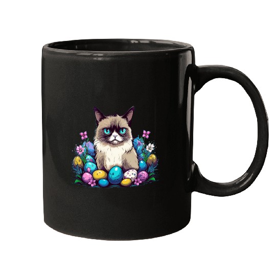 Cool Easter Eggs with grouchy Cat for colorful Spring Season Mugs