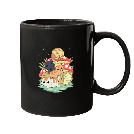 Cottagecore Kawaii Cats Playing on Chibi Cute Mushroom Mugs
