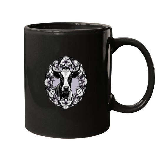 Dairy Cow Surrounded By A Wreath Of Wood Violet Tattoo Art Mugs