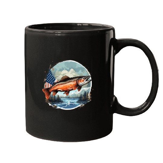 Fisherman American US Flag With Fly Fishing Brook Trout Fish 6 Mugs