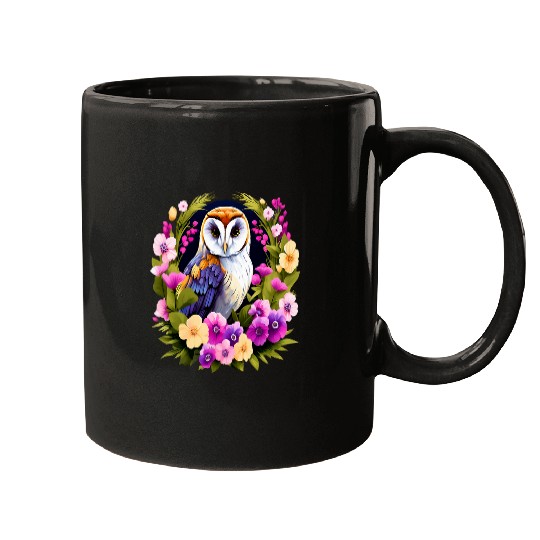 Owl Pet Cute European Barn Owl Surrounded by Bold Spring Flowers 1 Mugs