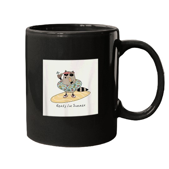 Raccoon Pet Ready for Summer Pool Beach Funny Cute Animal Beige Mugs