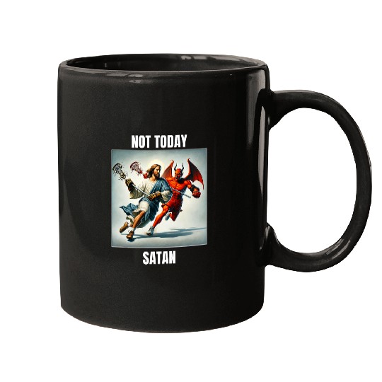 Jesus vs Satan Playing Lacrosse Not Today Satan Mugs