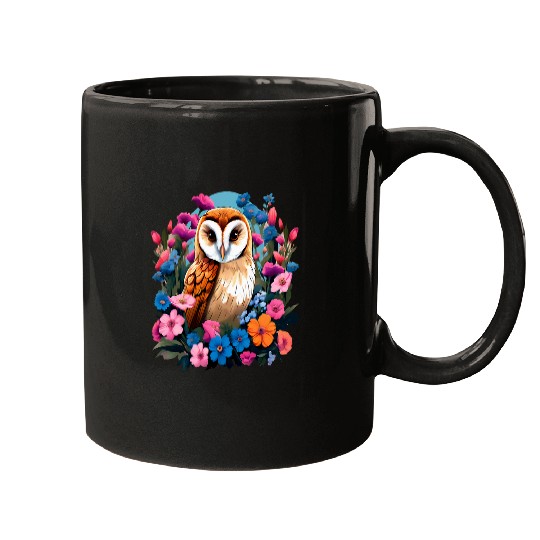 Owl Pet Cute European Barn Owl Surrounded by Bold Spring Flowers 6 Mugs