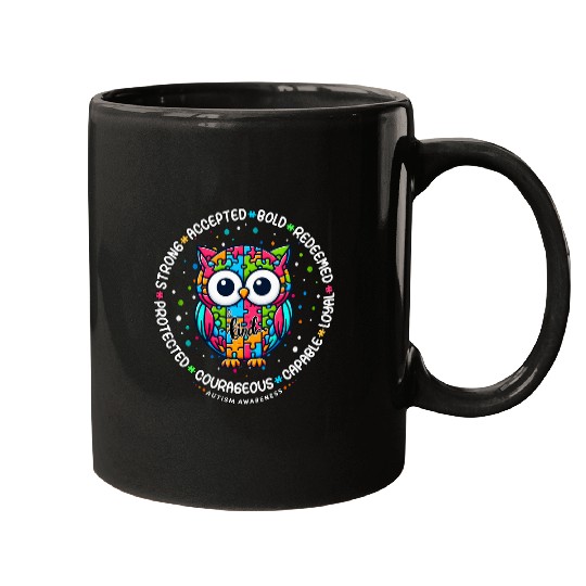 Owl Pet Strong Accepted Protected Courageous Owl Autism Awareness Mugs