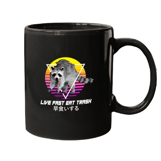 Raccoon Pet Retro Vaporwave Aesthetic Live Fast Eat Trash Mugs