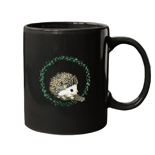Hedgehog Pet cute with leaf wreath hand painted forest animals Mugs