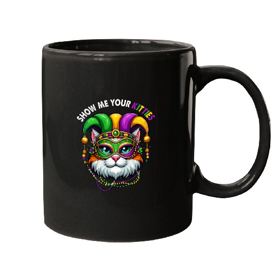 Show Me Your Kitties Mardi Gras Cat Cute Masked Jester Hat Mugs