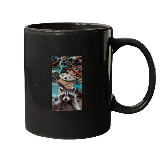 Raccoon Pet Selfie UFO Junkyard Funny Alien Space Print Mugs