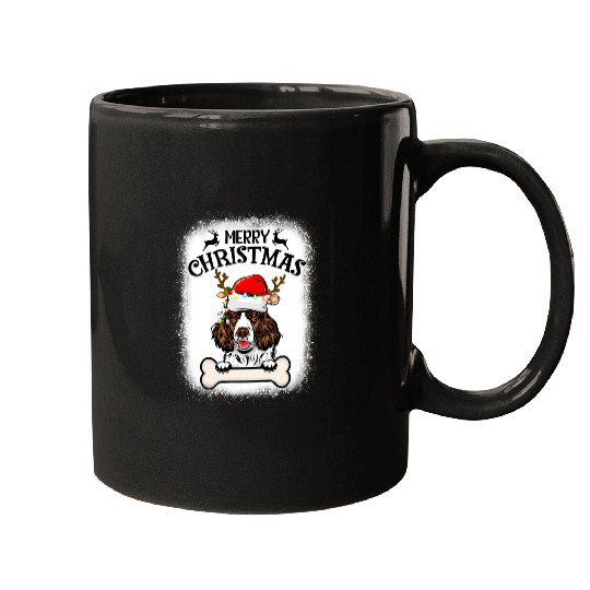 Bleached English Springer Spaniel Santa Hat Merry Xmas Mugs