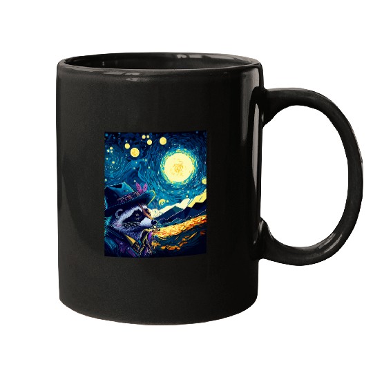 Raccoon Pet Moon Weird Starry Night Van Gogh Mugs