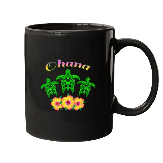 Tribal Turtles and Vibrant Hibiscus Flowers Ohana Mugs