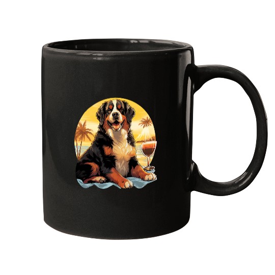 Bernese Mountain Dog Sunset Tropical Beach Mugs