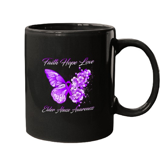 Faith Hope Love Butterfly Purple Ribbon Elder Abuse Month Mugs