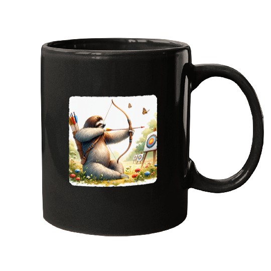 Sloth Pet Practicing Archery In A Meadow Wildflowers Arrow Bow 1 Mugs