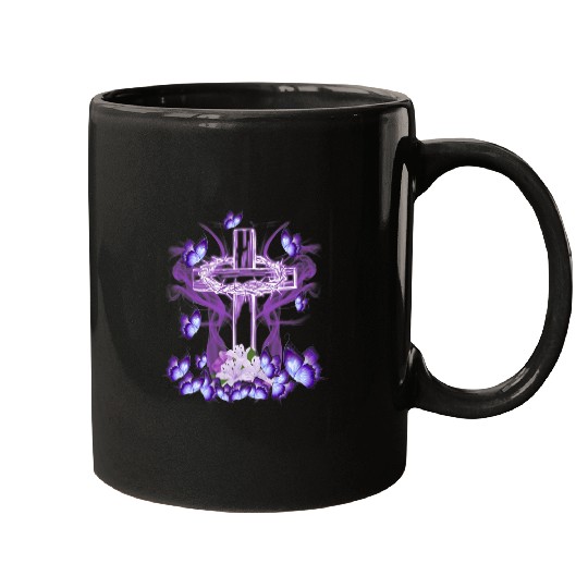 Floral Cross Flowers Butterfly Jesus Christian Purple Mugs
