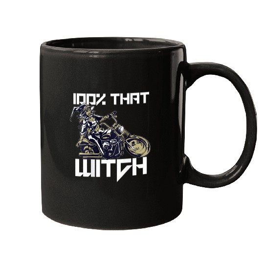 100 THAT WITCH Sexy Motorcycle Witch Halloween Meme ON BACK Mugs