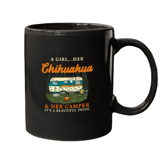A Girl Her Chihuahua and Her Camper Chiwawa Camping Mugs