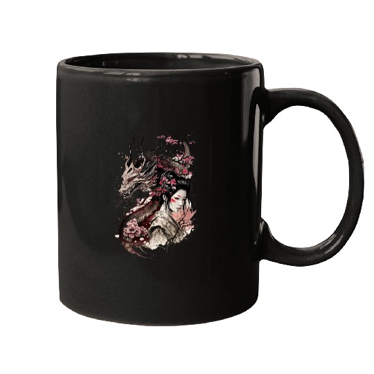 Geisha Japanese Dragon Cherry Blossom Graphic Mugs