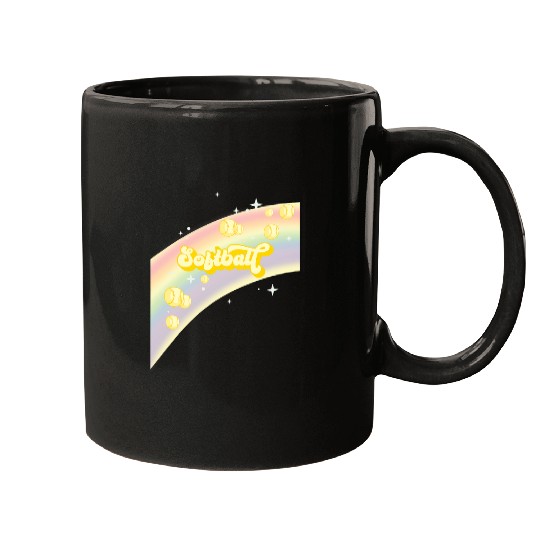 I Love Softball Pastel Rainbow Stars Aesthetic and Yellow Mugs