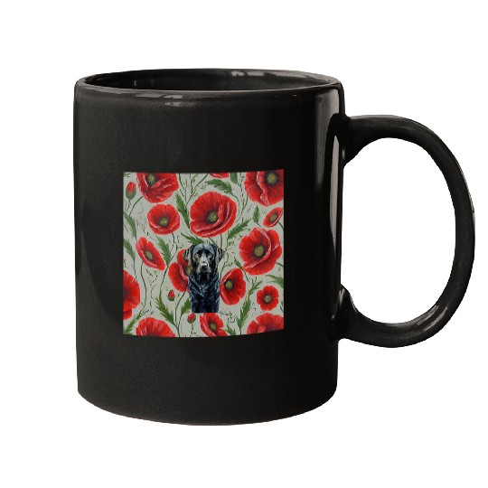 Black Labrador Red Poppy vintages Plants Cottagecore Mugs