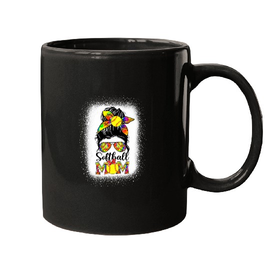 Bleached Softball Mom Life Tie Dye Messy Bun Baseball Mom Mugs
