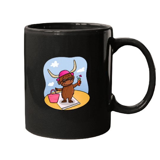 Cow Lover Highland Cattle Cow At The Beach Funny Summer Highland Cow Mugs