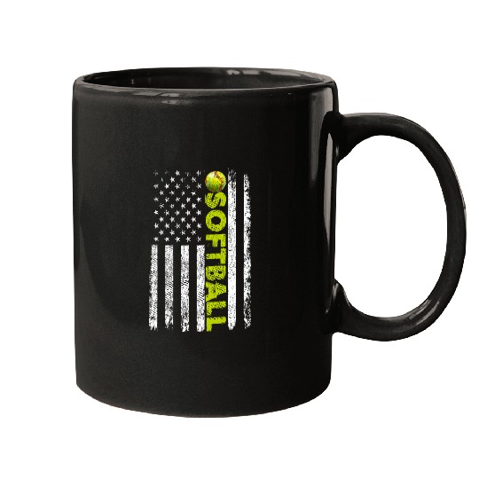 Distressed SoftBall Team American Flag Mugs