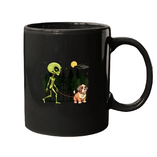 Funny St  Bernard Alien Walking UFO Pet Dog Mom Dad Mugs
