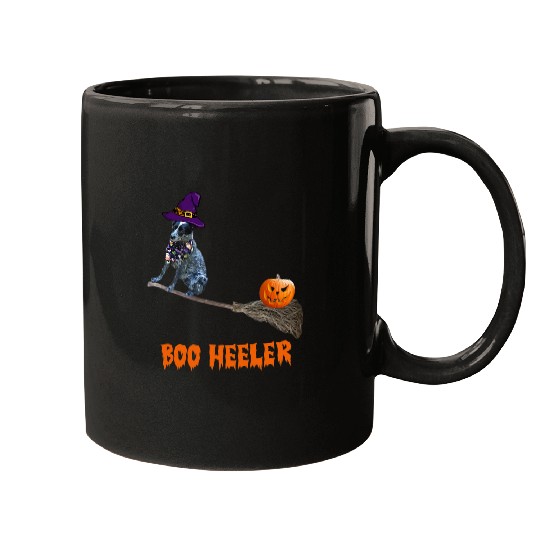 Blue Heeler Halloween Riding A Witchs Broom Pumpkin Boo Mugs