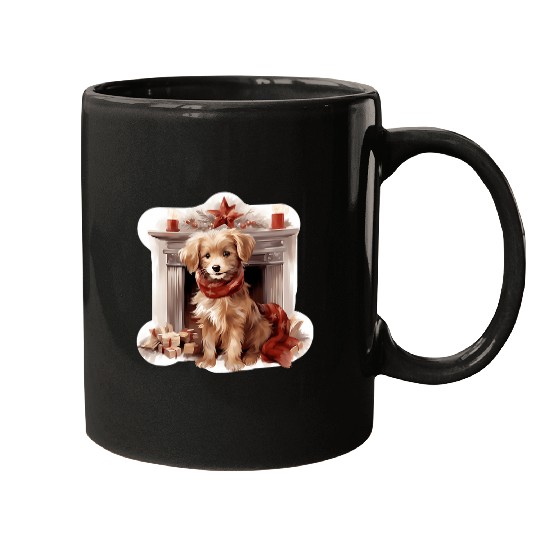 Golden Retriever Dog Laying in Front of Fireplace Mugs