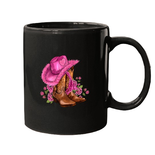 Floral Pink Cowgirls Boots And Hat Valentines Western Country Mugs