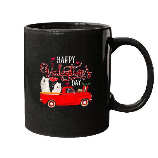 Dog Samoyed Happy Valentines Day Funny Red Plaid Truck Samoyed Lover Mugs
