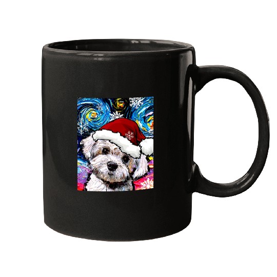 Dog Maltipoo in Santa Hat Starry Night Dog Christmas Art by Aja Mugs