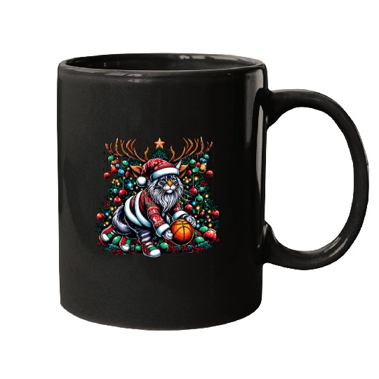 Funny Santa Maine Coon Cat Play Basketball Christmas Mugs