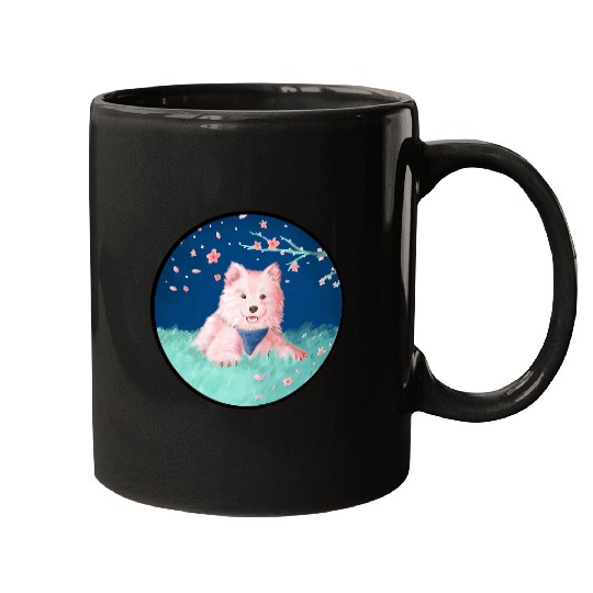 Dog Samoyed Pink Puppy Dog Cherry Blossom Flower Tree Painting Mugs
