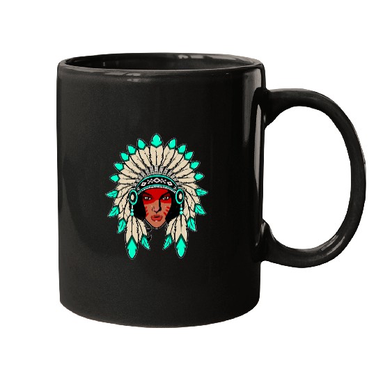 Indian Native American Warrior Woman With Headdress Mugs