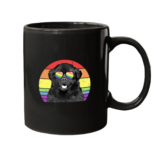 LGBTQ Newfoundland Dog Retro Rainbow Love Pride Mugs