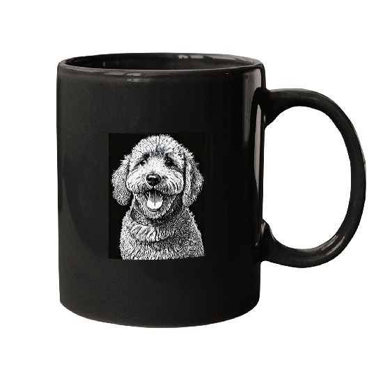 Happy Labradoodle Dog Portrait Scratchboard Pet Animal Art Mugs