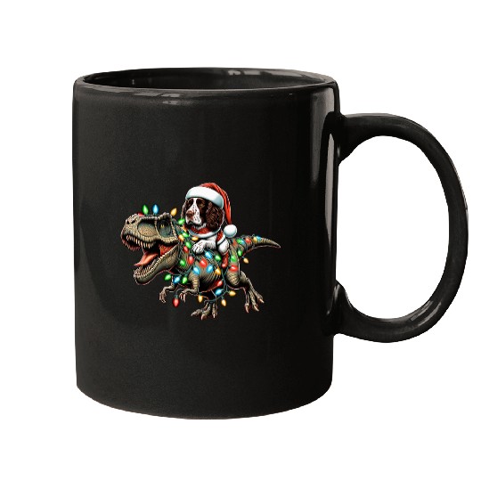 Christmas Lights English Springer Spaniel Dog Riding T Rexs 1 Mugs