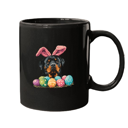 Cute Rottweiler Easter Rottweiler Dog Eggs Basket Bunny Ears Mugs