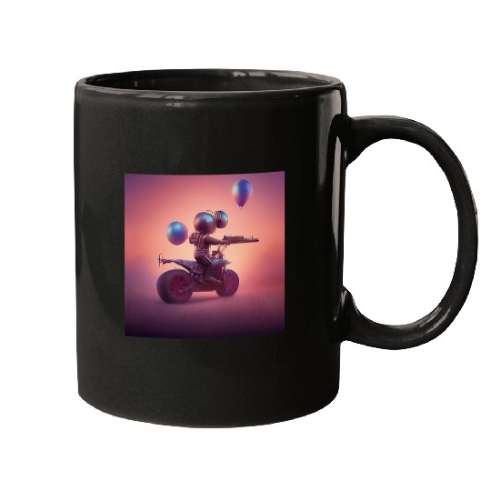 Little Robot Man Woman Riding Small Motorcycle Floating Orbs Mugs
