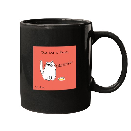 Talk Like a Pirate Day Cat Pet Food Funny Humor Fun Cute Red Mugs