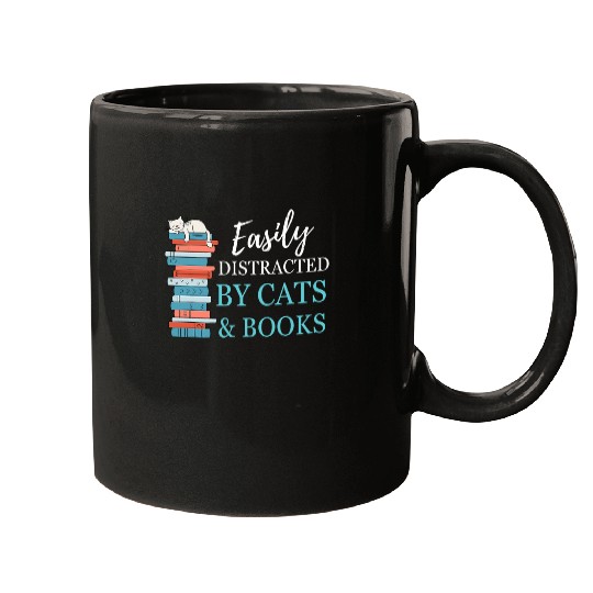 Easily Distracted by Cats and Books Bookworm Funny Cat Mom Mugs