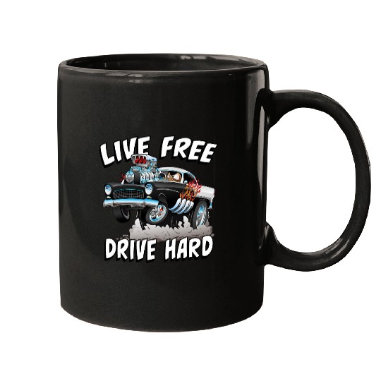 Live frees Drive Hard Classic Muscle Car Cartoon Illustration Mugs