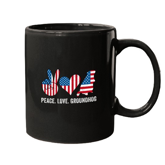 Peace Love Groundhog Funny Woodchuck USA Flag Groundhog Day Mugs