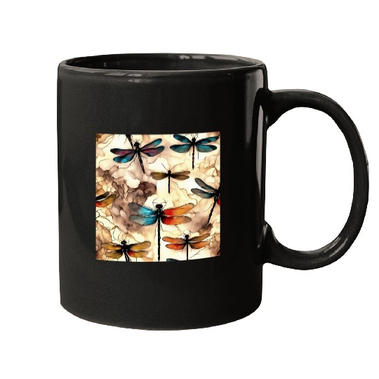Pretty Dragonflies On An Alcohol Ink Abstract Background Mugs