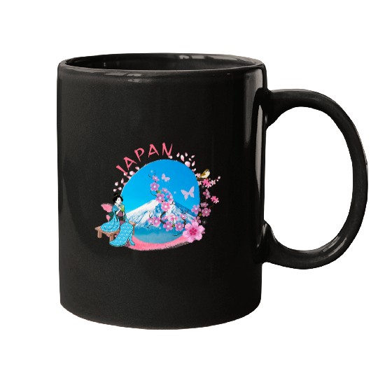 Japan Volcano Blue Lake Pink Cherry Blossom Japanese Geisha Mugs